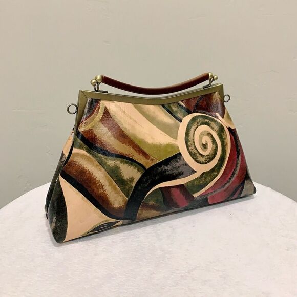 Abstract Print Genuine Cowhide Handmade Double Kisslock Bag with 2 Strap Styles - Picture 7 of 16